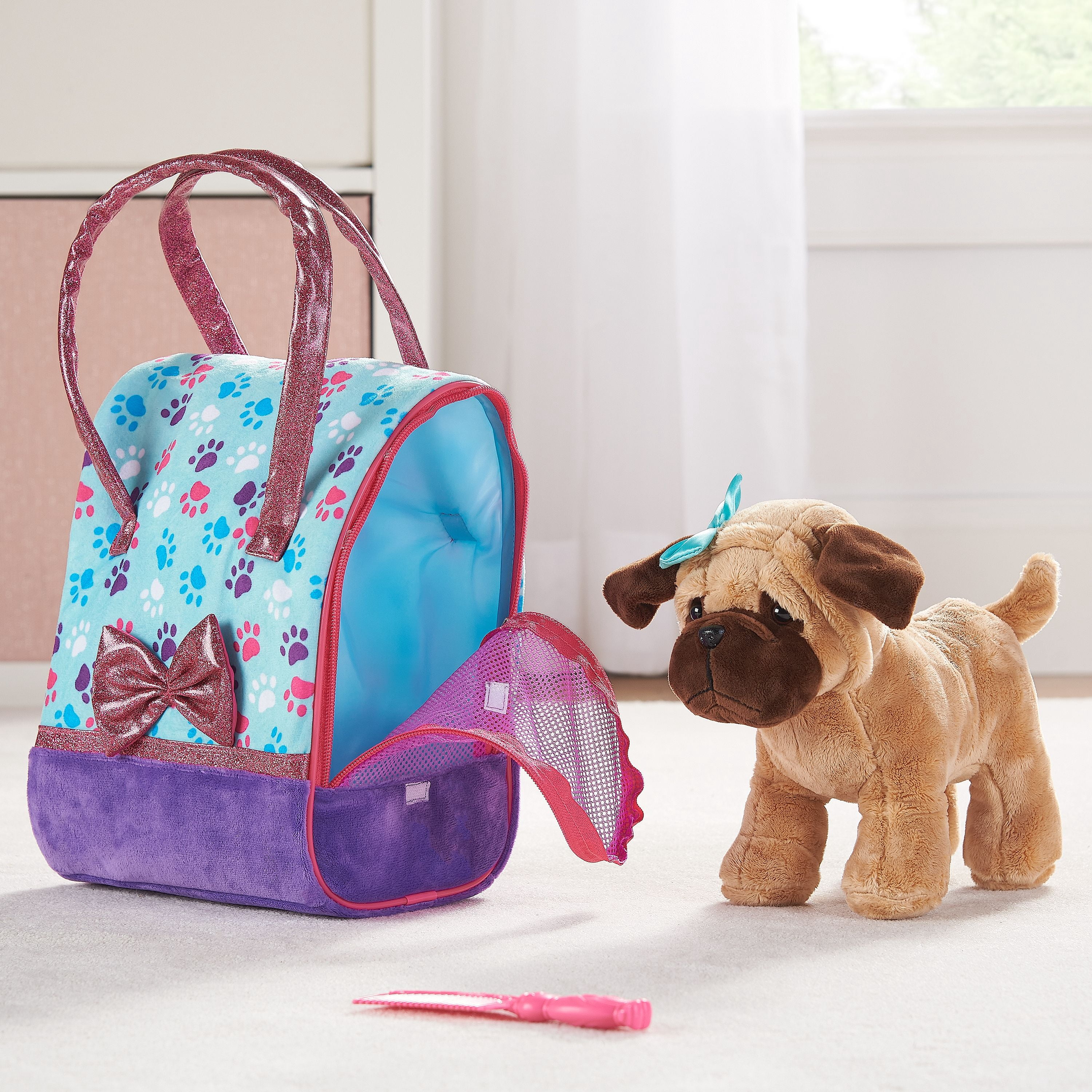 Plush Dog with Travel Carrier and Comb Stuffed Animal Toy Set, 3 Pieces