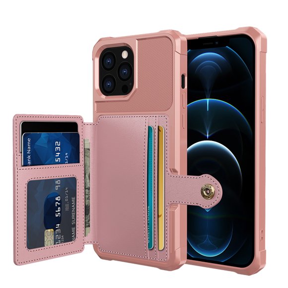 iPhone 13 Pro Max Wallet Case, Shockproof Rubber Card Holder Wallet PU Leather Back Phone Case Kickstand Protective Scratch Hybrid Bumper Shell for Apple iPhone 13 Pro Max 6.7 inch, Rosegold