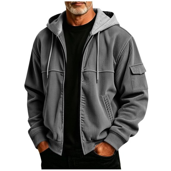 TKKCS Mens Corduroy Hooded Zip Up Jacket- Ribbed Cuff Long Sleeve Fall Winter Soft Warm Casual Outerwear with Multi Pocket Gray Size XL