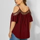 thumbnail image 4 of Camiseta de talla grande para mujer Summmer asimétrica de encaje con retazos cuello redondo manga corta informal con hombros descubiertos Fridja  bn7103, 4 of 9