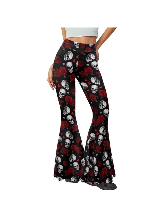 Skull Rose High Waisted Flare Leggings for Women Soft Tummy Control Wide Leg Bootcut Workout Pants Cute Bell Bottoms Yoga Pants Y2K Goth Leggings