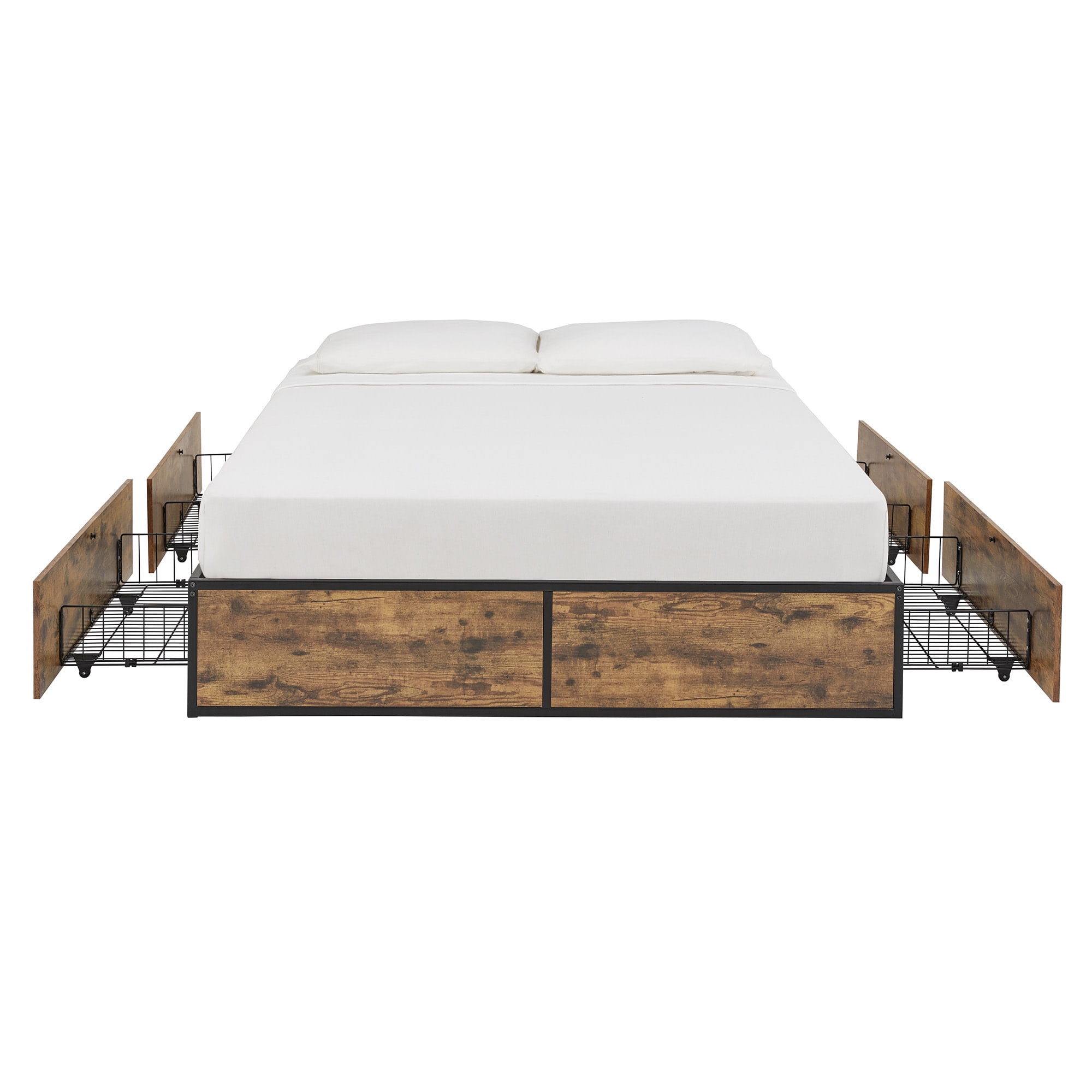 Weston Home Utica Wood Finish Panel Black Metal Platform Bed with Storage Drawers, Queen Size