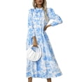 thumbnail image 1 of Vestido Estampado De Mujer Adorno De Volantes Suave Cuello Alto Cordón Lazo Cuello Dobladillo Largo Vestido Suelto Y Transpirable Azul XL, 1 of 7