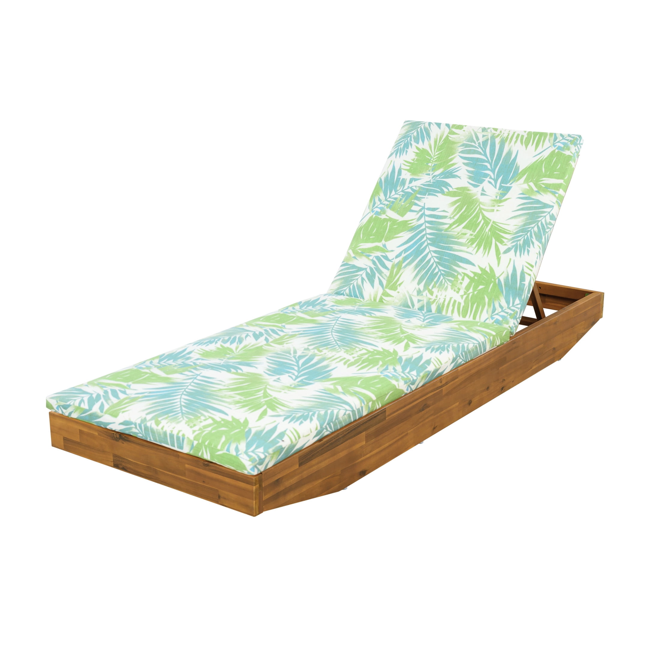 Christopher Knight Home Boat-Shape Patio Chaise Lounge Chair with 2-Fold Thin Cushion, 3-Position Recliner, Teak+Green Leaf
