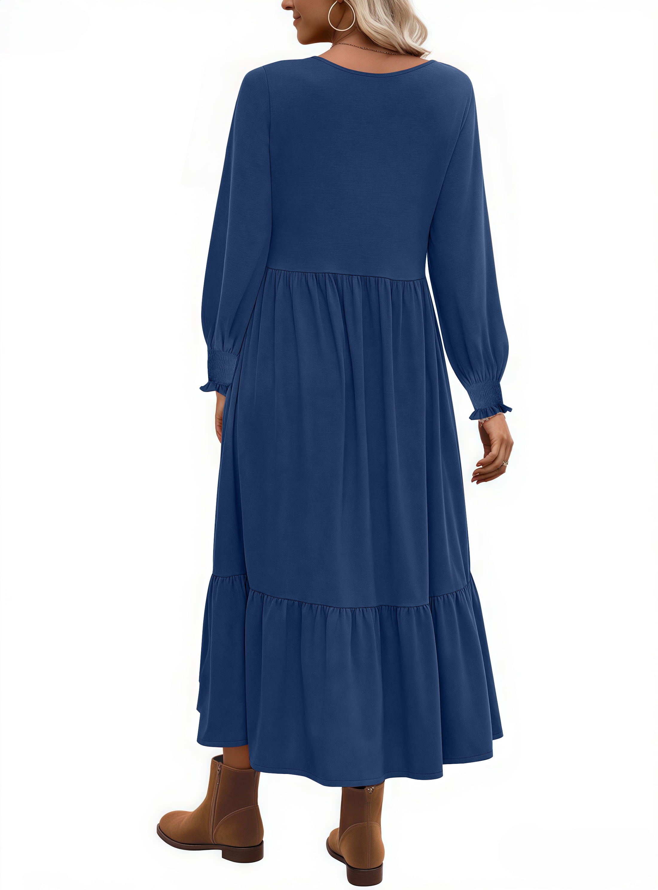 UVN Fall Long Dress for Women Crewneck Casual Long Sleeve Pleated Dresses with Pockets