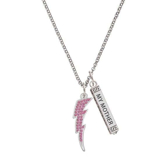 Delight Jewelry Silvertone Large Hot Pink Crystal Lightning Bolt Silvertone Always My Mother Bar Charm Necklace, 23"
