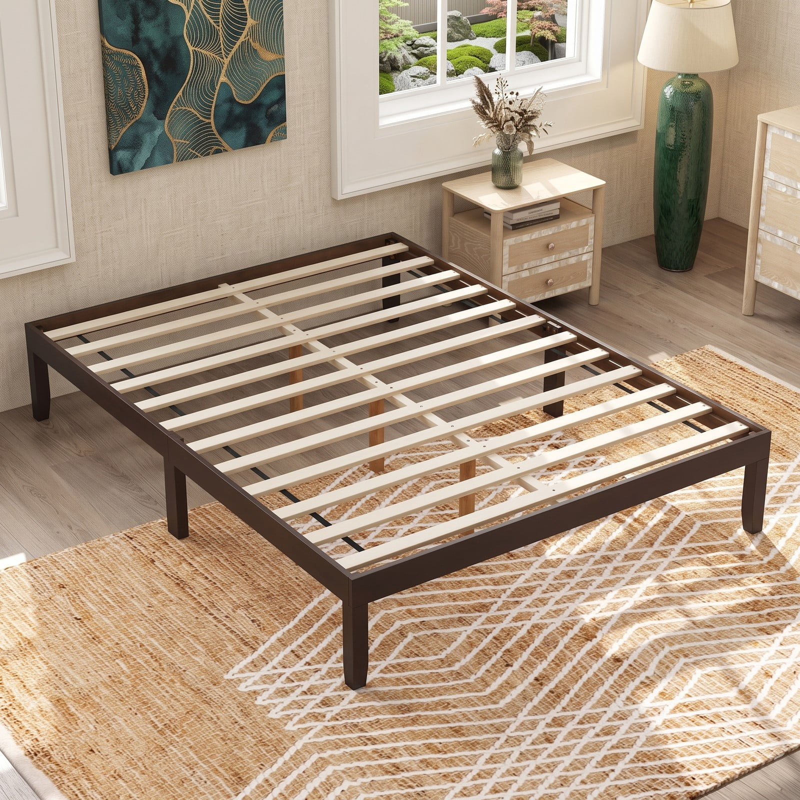 Furnibear Queen Size Bed Frame, Wood Platform Bed Frame with Slat Support and Rubber Wood Legs, Low Profile Queen Platform Bed No Box Spring, Espresso