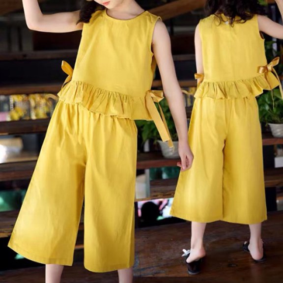 YANHAIGONG kids Girls 2 Piece Outfit ,4-14 Years Girl's Summer 2 Piece Outfits Round Neck Tops Cropped Wide Leg Pants Set,Solid Top Wide Leg Pants Ruffle Hem Summer Clothes