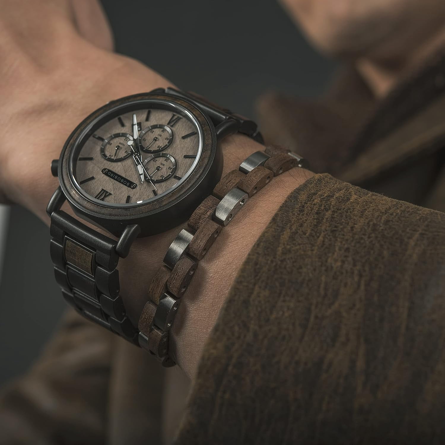 Wollet Wooden Bracelet for Men Stainless Steel Wood Jewelry Great Gift for Men,7.4 inches