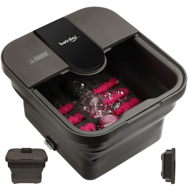 Beinilai Spa para pies plegable, baño de pies con calor y masaje y chorros de burbujas, bañera para pies con seis rodillos para pies no motorizados, puntos de masaje de acupresión, luz roja y piedra p