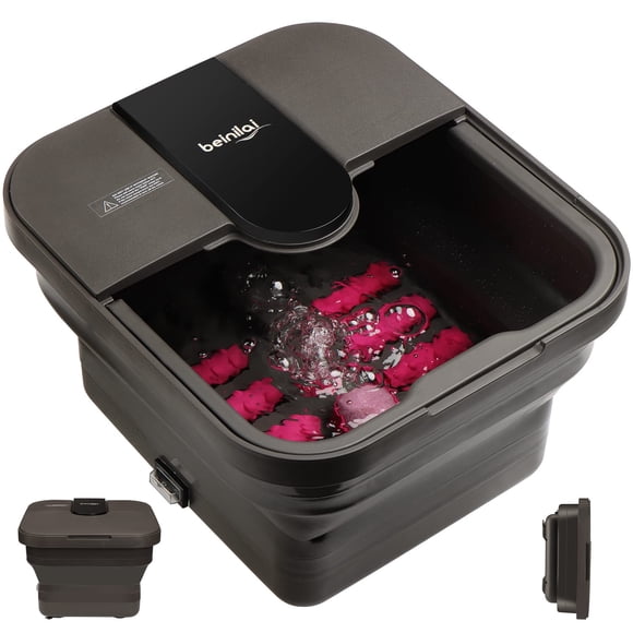 Beinilai Spa para pies plegable, baño de pies con calor y masaje y chorros de burbujas, bañera para pies con seis rodillos para pies no motorizados, puntos de masaje de acupresión, luz roja y piedra p