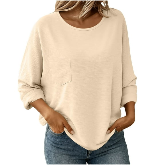 AINIYS Women's Crew Neck Dolman Sleeve Pocketed Blouse Casual Basic Layering Daily Wear Tops Beige L