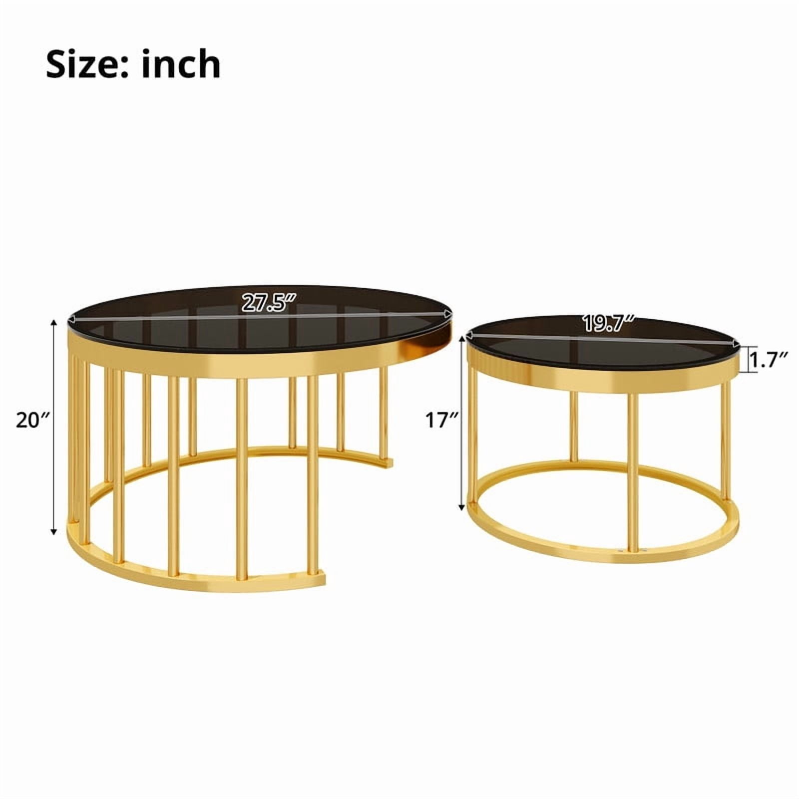 Round Nesting Coffee Table Set of 2, Modern Golden Metal Frame Accent Circular Cocktail Table with Mirrored Table Top