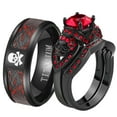 thumbnail image 1 of Skull Matching Rings Black Plated Couple Rings 1CT Red CZ Wedding Ring Sets for Him and Her, 1 of 7
