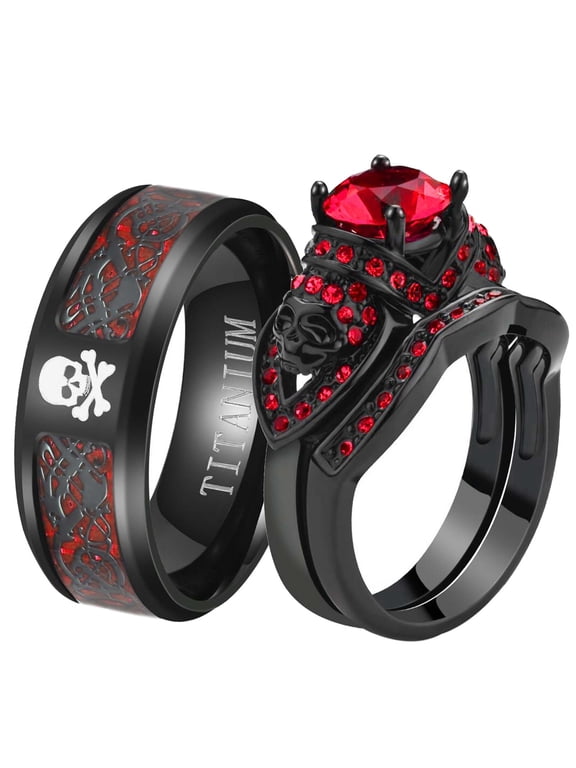 Skull Matching Rings Black Plated Couple Rings 1CT Red CZ Wedding Ring Sets for Him and Her
