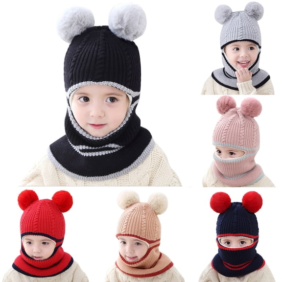 Lispipm Winter Hat Scarf Set Double Pompom One Piece Windproof Knitted Earflap Beenie Warm Cap for Cold Weather Pink