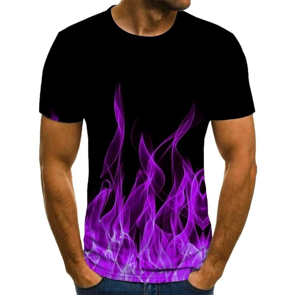 Meichang Mens Shirts 3D Flame Print Short Sleeve Shirts Casual Crewneck Lightweight Workout Muscle Shirt Workout Sports Wear 2024 Novelty Graphic Shirts for Men on Clearance Purple XL