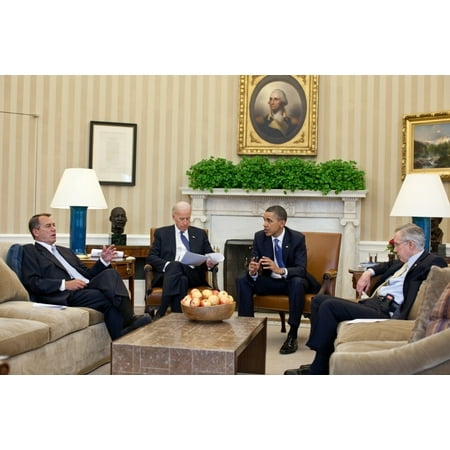 President Obama And Vp Joe Biden Meet With House Speaker John Boehner And Senate Majority Leader Harry Reid In Budget