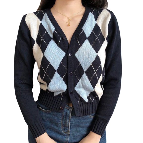 Women Long Sleeve Button Down Knit Cardigan Vintage Argyle Plaid Sweater Coat