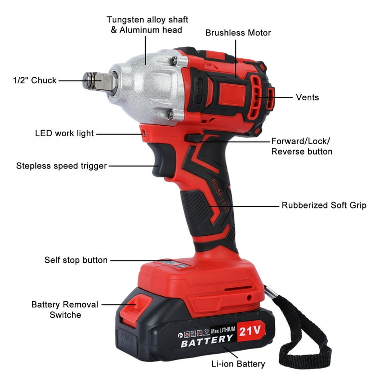 Fogcroll Cordless Impact Wrench Brushless Motor Electric Impact Wrench High Torque Electric Wrench with 520 N.M 2 X 1500mah Batteries for Family Cars Construction Work Walmart