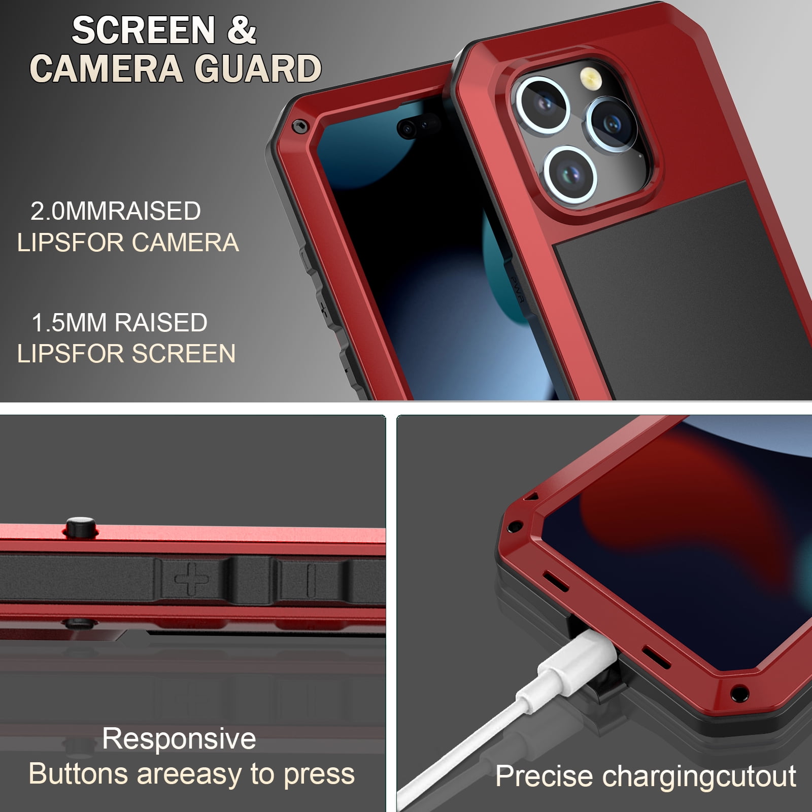 ELEHOLD for iPhone 15 Plus Armor Case, Outdoor Sports 360° Full Body Protective Cover with Tempered Glass Screen Protector Heavy Duty Shockproof Rugged Metal Case for iPhone 15 Plus,  Red