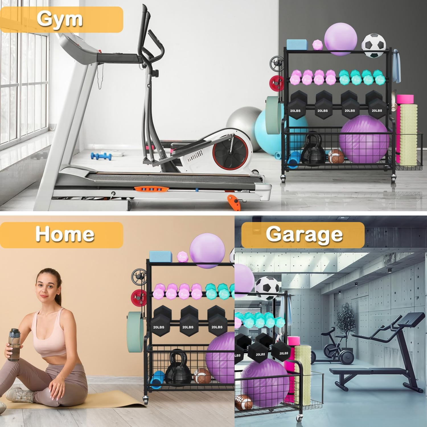 Ztysn Workout Yoga Fitness Equipment Rack for Home Gym,Weight Dumbbell Yoga Mat Foam Roller Storage Rack Organizer with Wheels and Hooks,Metal/Black