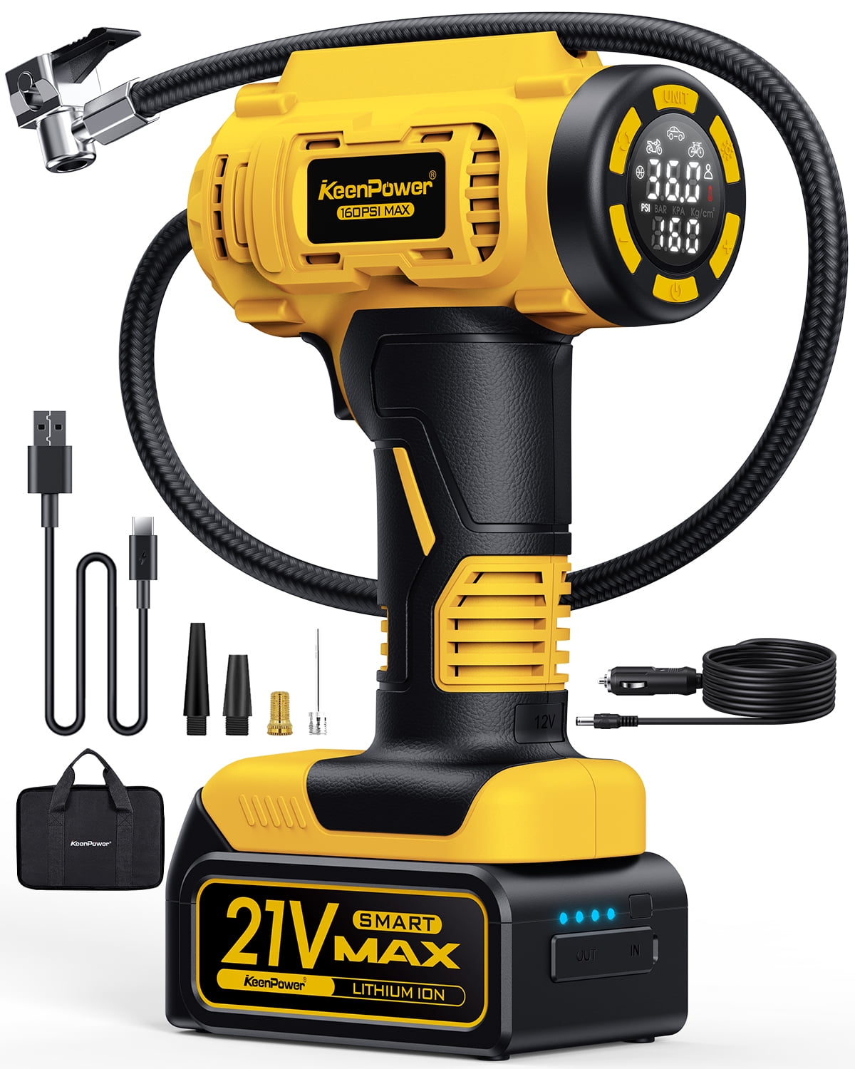 YANTU Cordless Tire Inflator - 12V Portable Air Compressor With Dual Cylinder & Large Screen