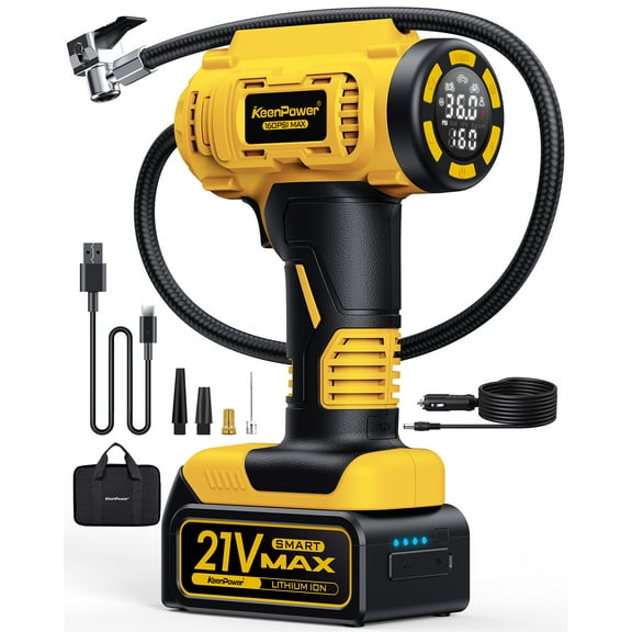 KeenPower Cordless Tire Inflator Portable Air Compressor, 160PSI Car Tire Air Pump, 21V Rechargeable Battery Powered Air Compressor, Larger Digital Pressure Gauge w/4 N Smart Modes