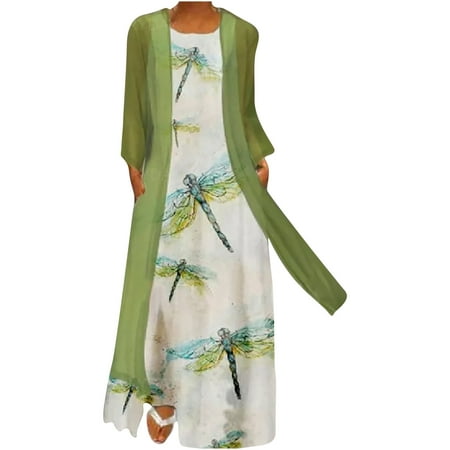 

COBKK Womens Dresses Petite Sleeveless Round-Neck Dress Women Casual Floral Print O-Neck Sleeveles Dress Solid Chiffon Two-Piece Set Dresses For Women Beach Green M Engagement Belle Dresses