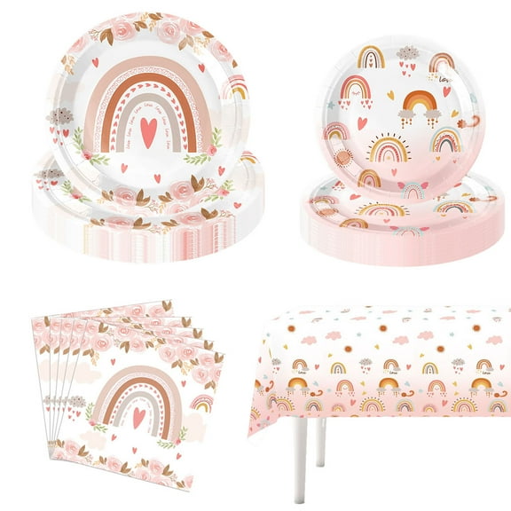 Retro Rainbow Party Supplies Boho Rainbow Themed Happy Birthday Party Decorations Tablecloth Plates and Napkins Tableware Set for 20 Guests