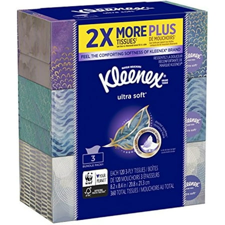 Kleenex Ultra Soft & Strong Facial Tissues, 120 Tissues Per Flat Box, 3 Pack