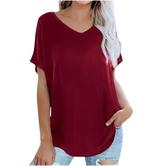 WREESH Women's Loose Fit V-Neck T-Shirts Solid Color Short Sleeve Casual Tops Wine