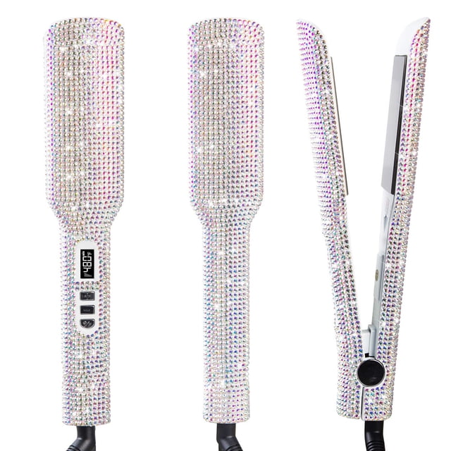 Plancha de pelo Dorisilk Crystal Diamond Titanium de 5 cm con cristales de imitación, doble voltaje, calentamiento instantáneo a 248 °C, peinado rápido, pantalla LCD, preciosos cristales de imitación