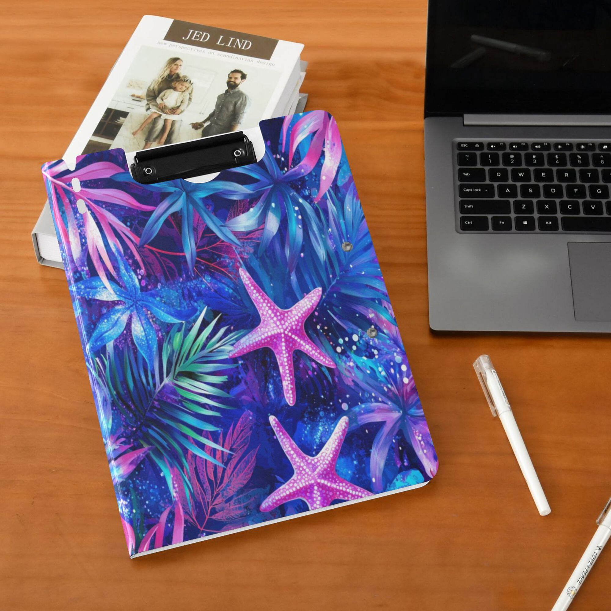 FORMRS A4 Clipboard Folder with Pen Holder Horizontal Foldable School Office Binder, Neon Pink Starfish