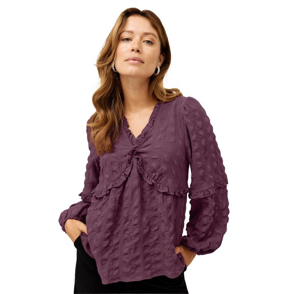 Ellos Plus Size Ruffle Trim V-Neck Babydoll Blouse