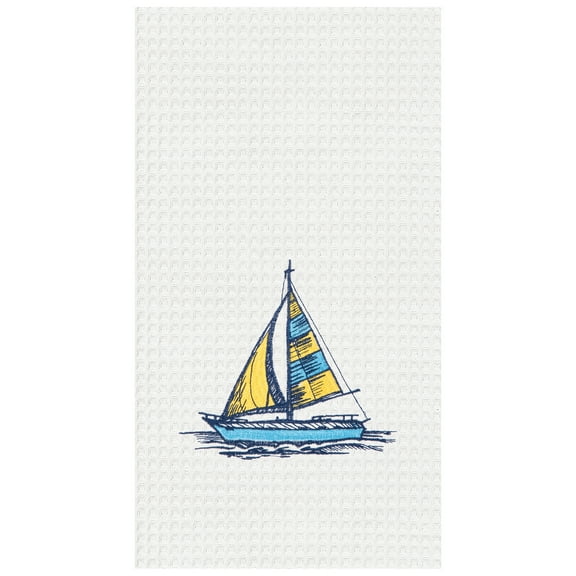 Sail Boat Embroidered Waffle Weave Cotton Kitchen Towel
