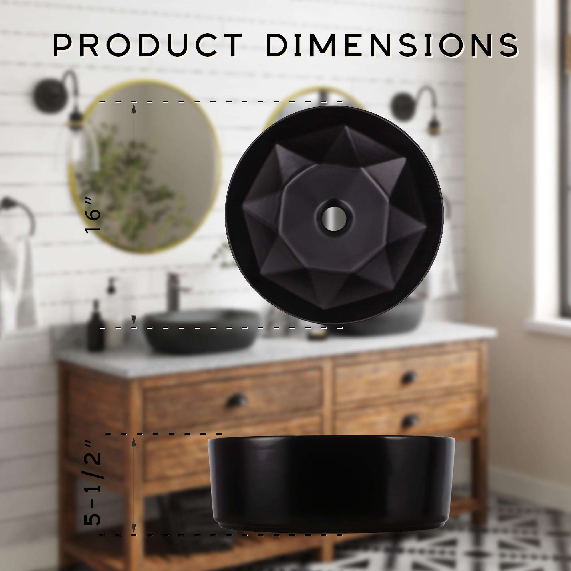 Strictly Sinks Round Ceramic Luxury Vessel Sink - 16 Inch Modern Countertop Bathroom Sink Black