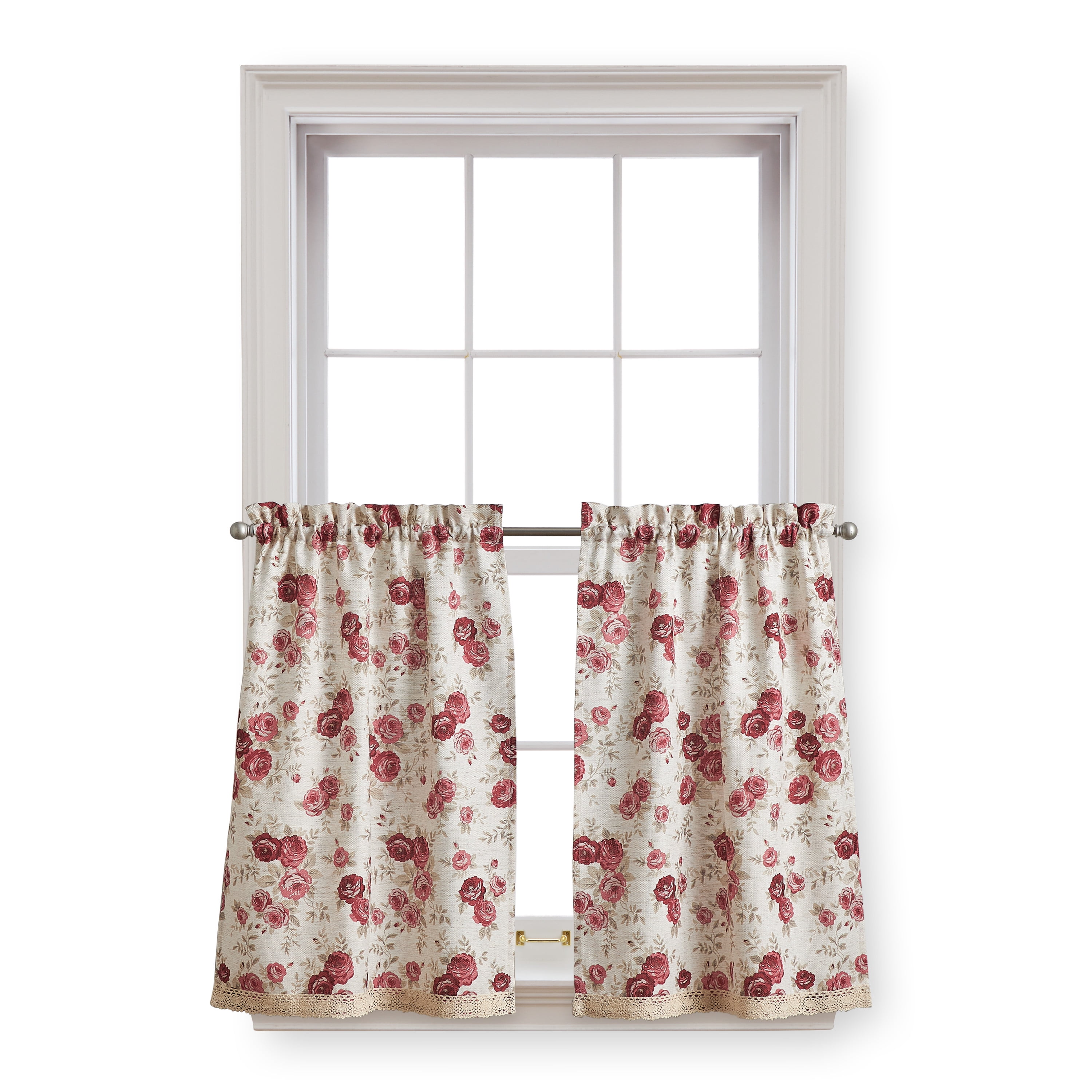 Curtainworks Antique Rose Cotton, Polyester, Light Filtering, Rod Pocket Indoor Tier Pair , Red , 54"x 36" , Set of 2, Adult