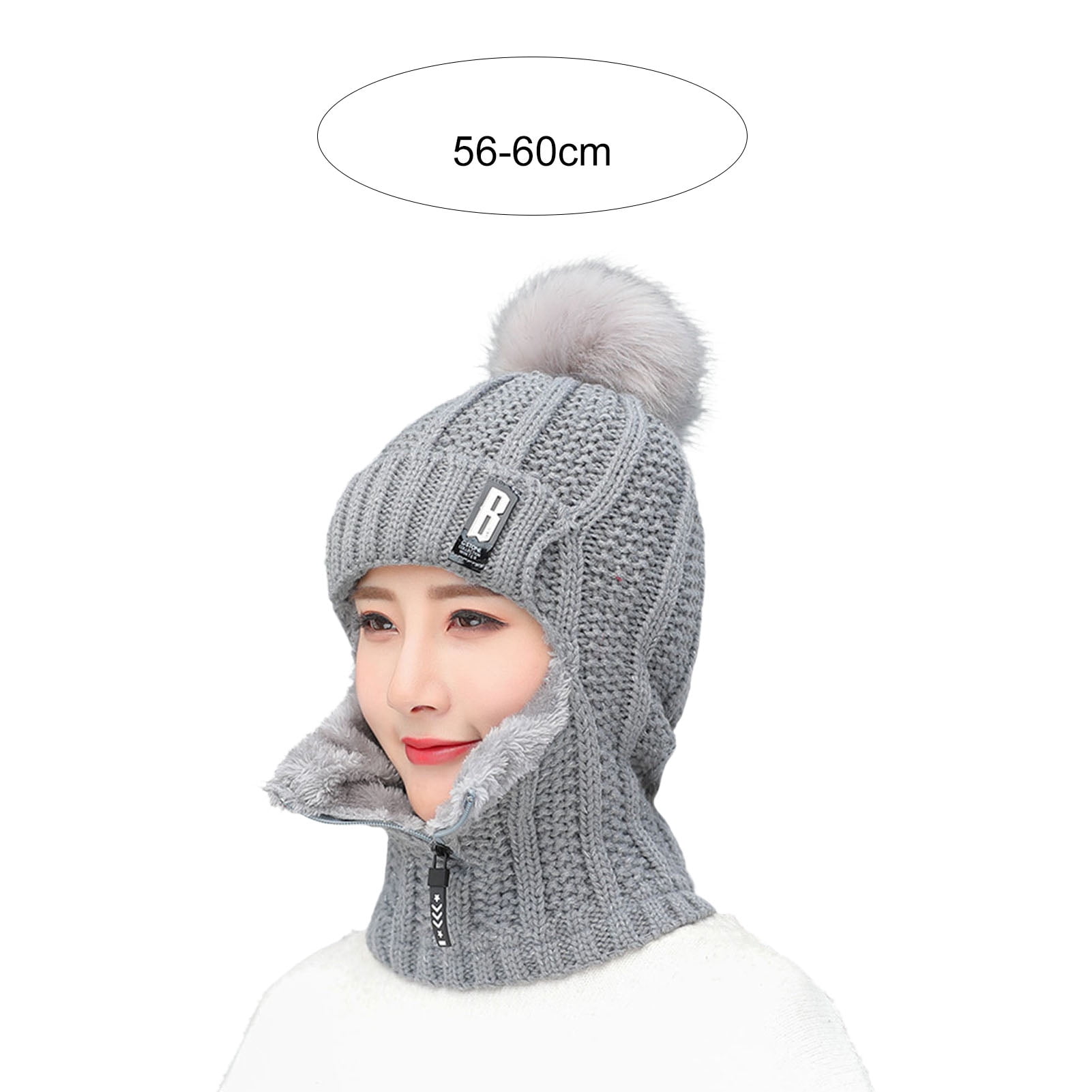 Dengjunhu Women Winter Beanie Hats One-Piece Fleece Lined Zipper Knit Mask Set Skull Neck Circle Scarf Ski Snow Hat Cap with Pompom