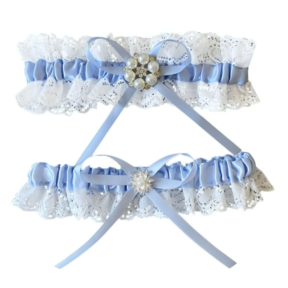 TELOLY Blue Lace Garter Belt Set Bridal Wedding Garter Gift for Bride Something Blue Lace Garter Set Wedding Garter Belt Flower Floral Design Garter Set of 2 Blue