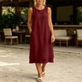 thumbnail image 4 of Eawtki Women's Crew Neck Sleeveless Midi Linen Dress Dual Layer Hem Hidden Side Pockets Straight Loose Fit Minimalist Casual Everyday Swing Dress, 4 of 7