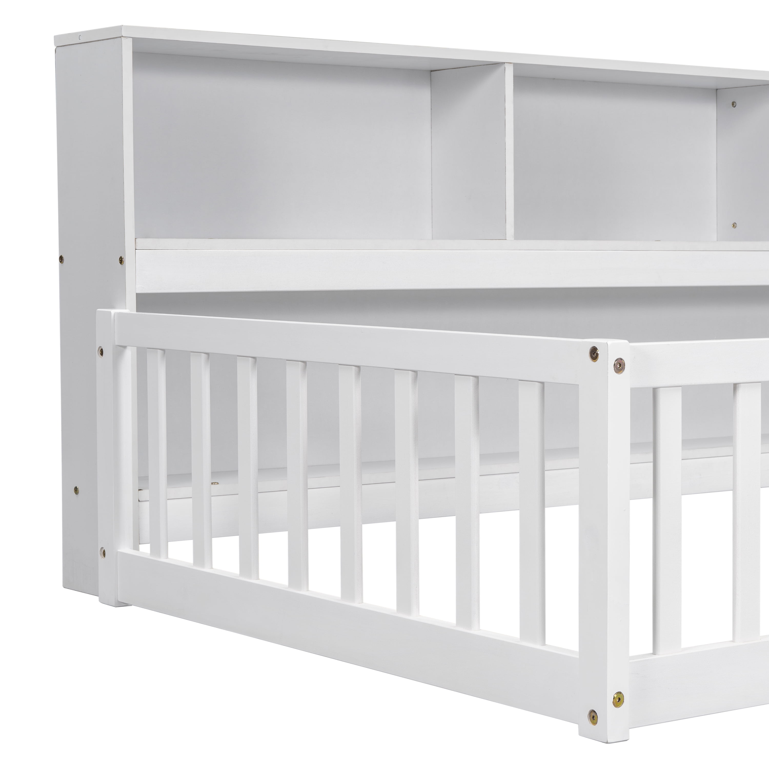 Miniyam Twin Floor Bed with Bookcase Shelves and Guardrails, Wood Low Profile Bed Frame, White