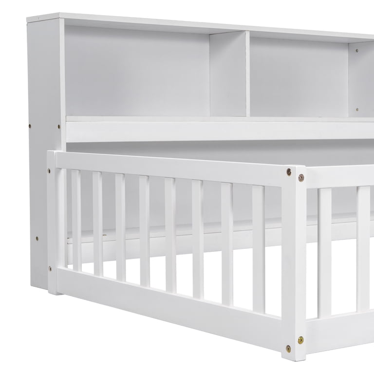 KOMFOTT Twin Montessori Floor Bed With Bookshelf - Solid Pine Wood Kids Bed Frame With Guardrails (White)
