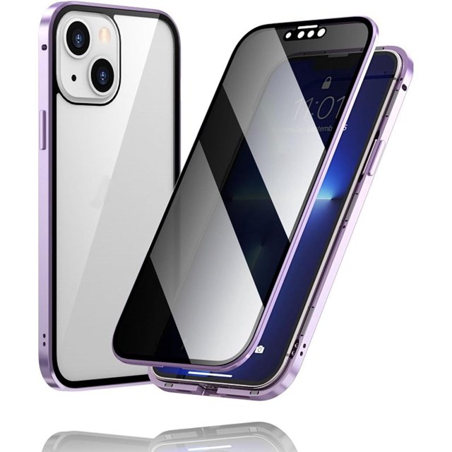 KOMI Phone Privacy Case with Privacy Screen Protector, 360 Degree Front and Back Magnetic Privacy Tempered Glass Cover for iPhone 16/15/14/13 Pro Max (Purple, 13)