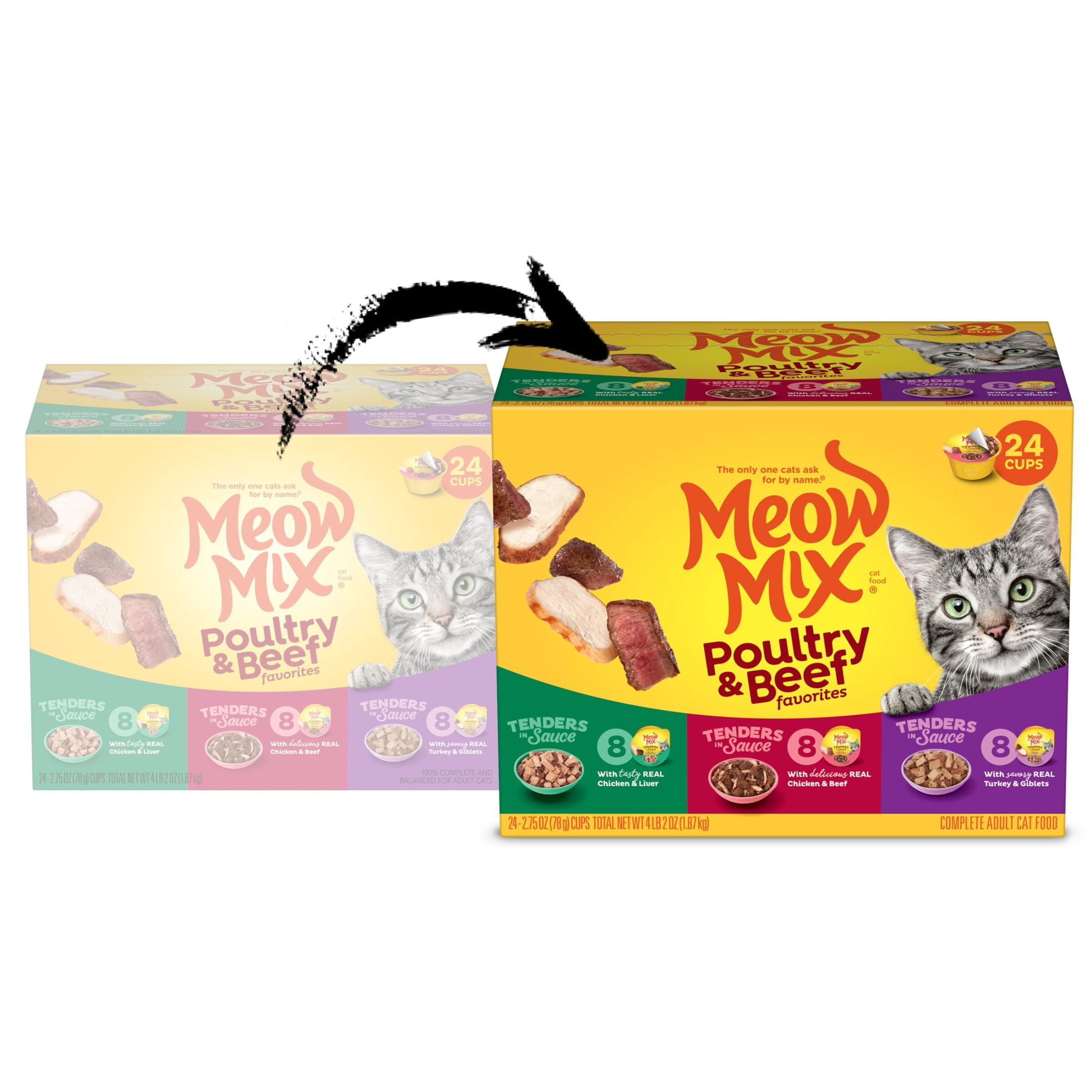 (24 pack) Meow Mix Tenders in Sauce Wet Cat Food Variety Pack With Poultry & Beef Favorites, 24 Cups, 2.75 oz Each