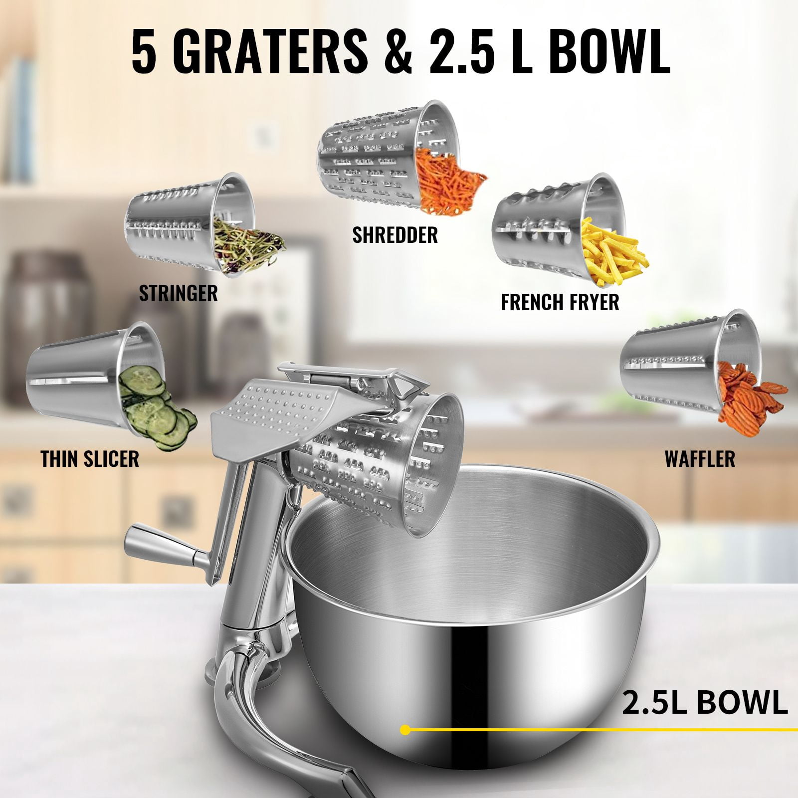 Rotary Cheese Grater with 5 Cutting Cones, 304 Stainless Steel, Suction Cup Base, 2.5L Bowl, for Vegetables Cheese Fruits