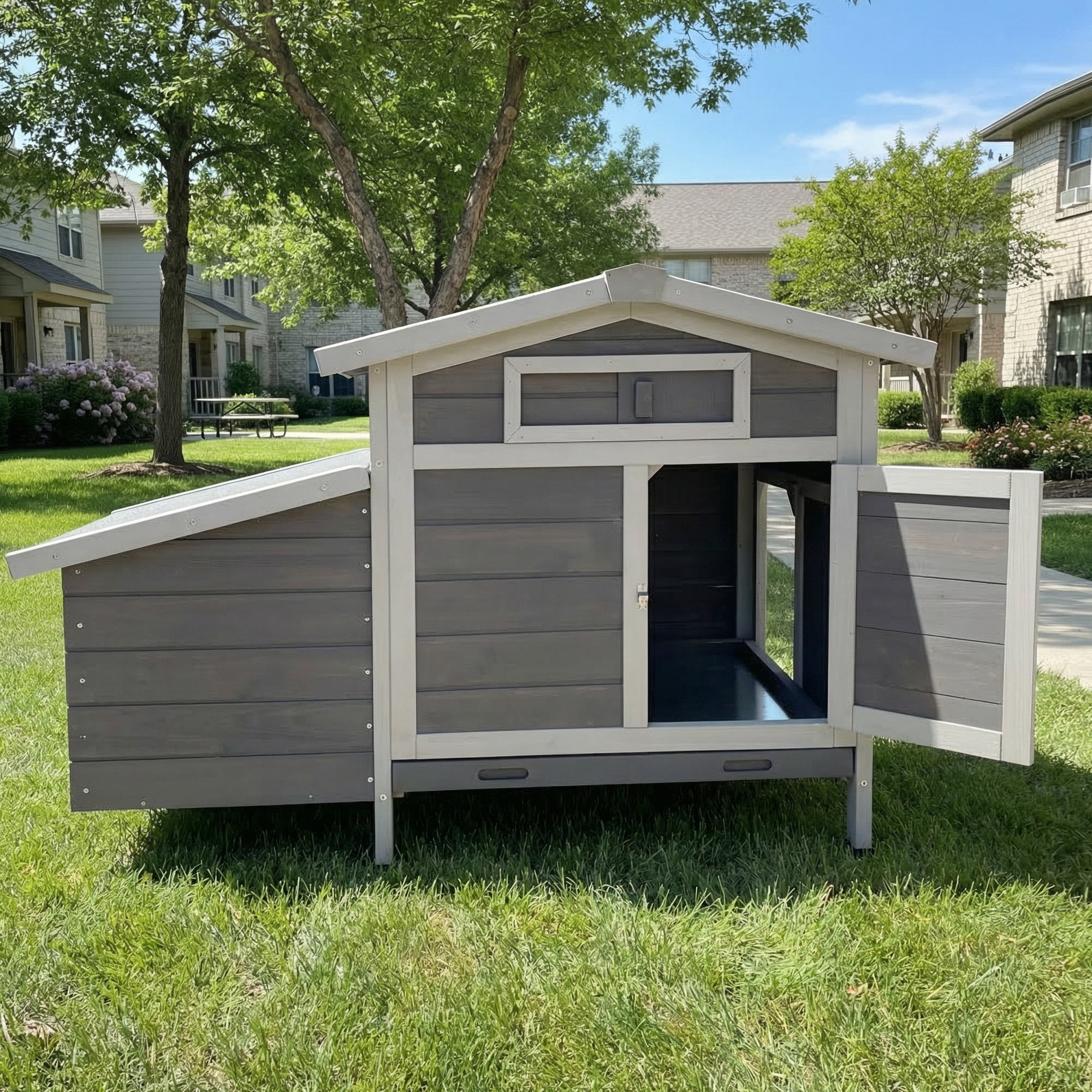 Outdoor Free-Range Wooden Chicken Coop with Asphalt Roof, Pull-Out Tray, Nesting Box with Easy Access, Front & Side Doors with Metal Latches