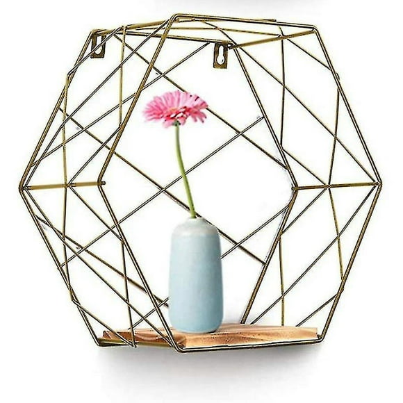 Set Of 3 Made Of Wood And Metal Hexagon Wall Shelf Hanging Shelf Floating Shelf Bathroom Shelf Decorative Shelves With Boards, For Kitchen Shelf, Bath