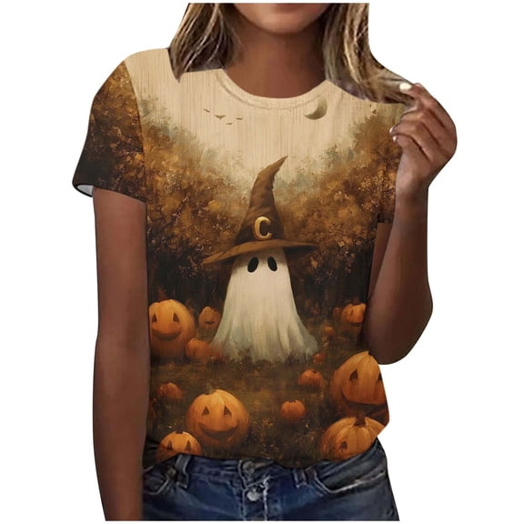 Witch Hat Cute Graphic T-Shirt for Women Crew Neck Short Sleeve Loose Casual Tops Fall Tees Multicolor M