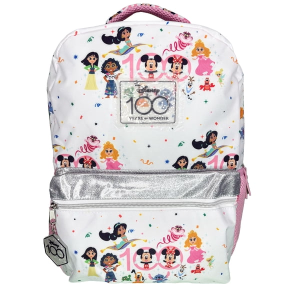 Disney 100 Nylon Pink & White Backpack 16" School Bookbag for Girls ages 3